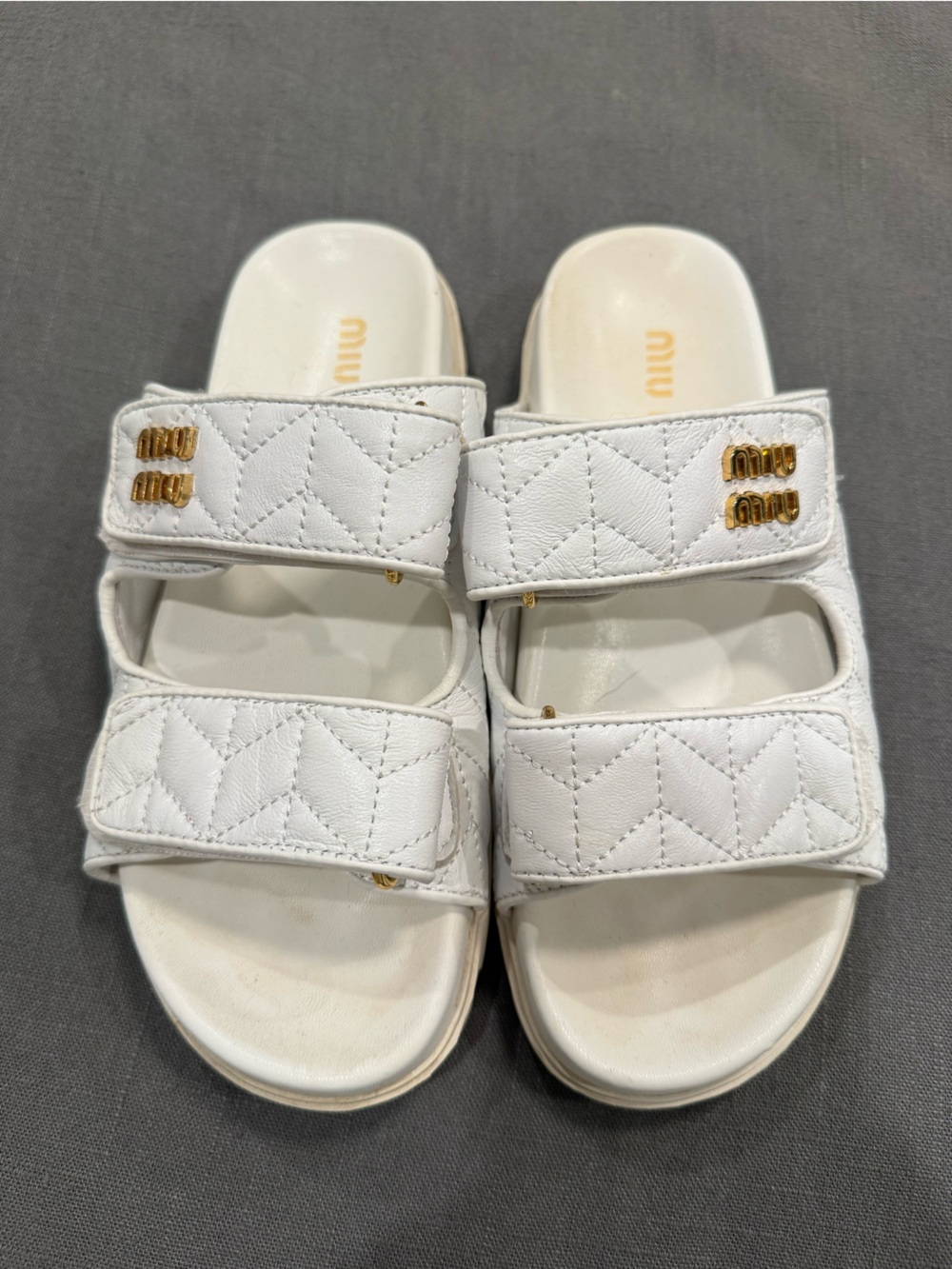 White Quilted Double-Strap Slide Sandals